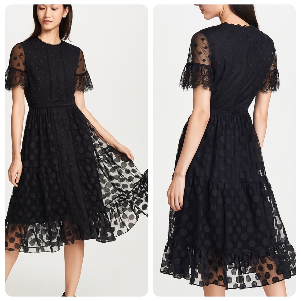 SALONI Black Sheer Polka Dot Midi Dress